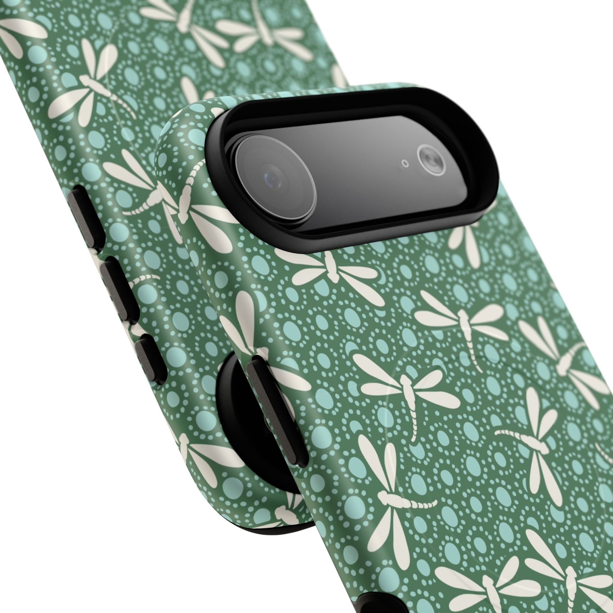 Designer Dragonfly MagSafe iPhone 17 Air Case – detail view of lens and camera | jade green, aqua, cream dragonfly print