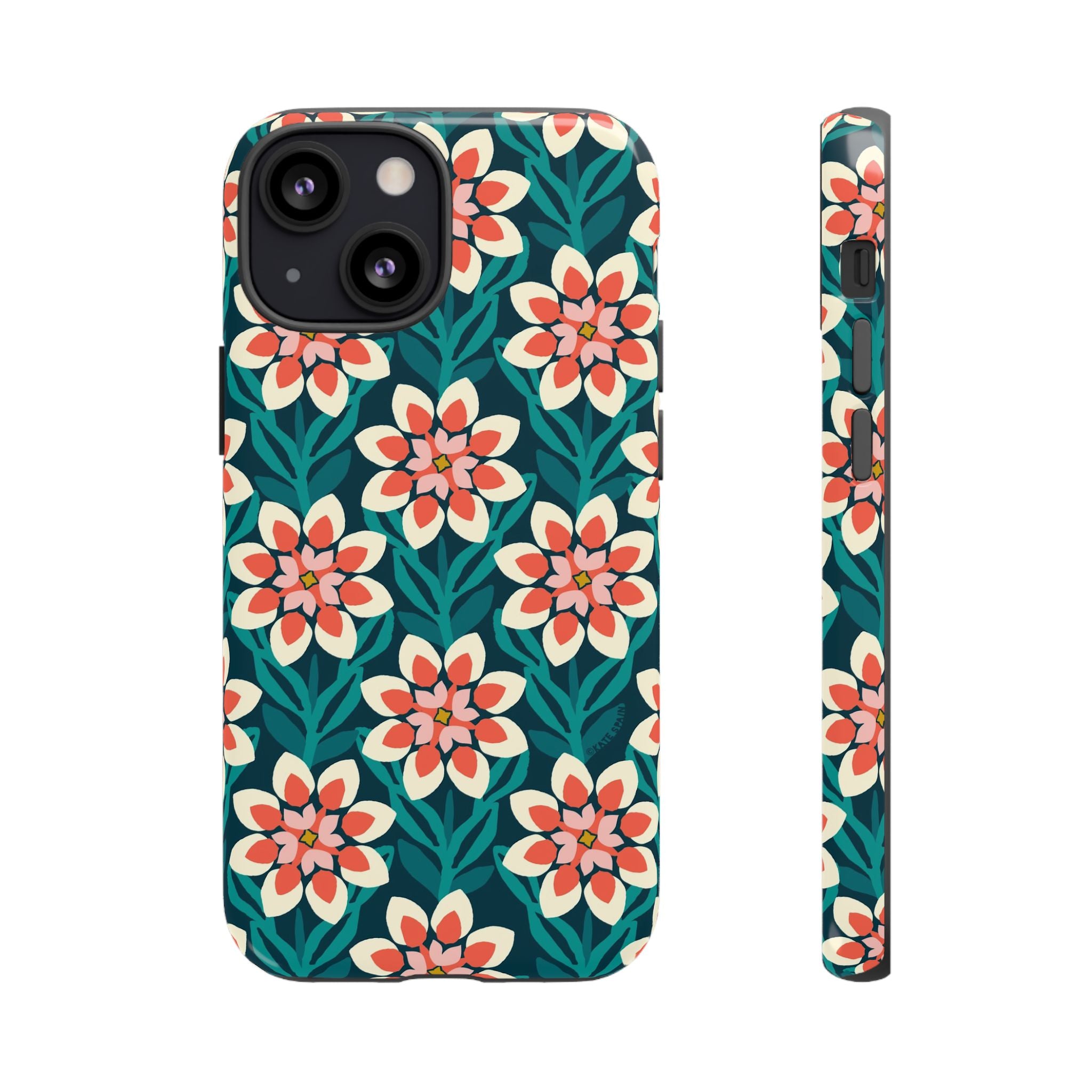 Modern Dahlia Tough iPhone 13 mini Case – Glossy | teal, coral, cream geometric dahlia floral print
