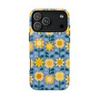 Sunflowers MagSafe iPhone 17 Pro Max Case – Glossy | blue, yellow, gold geometric sunflower print