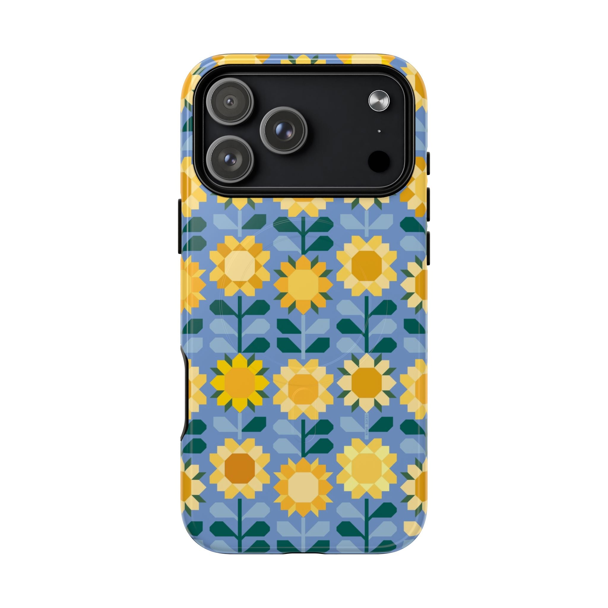 Sunflowers MagSafe iPhone 17 Pro Max Case – Glossy | blue, yellow, gold geometric sunflower print