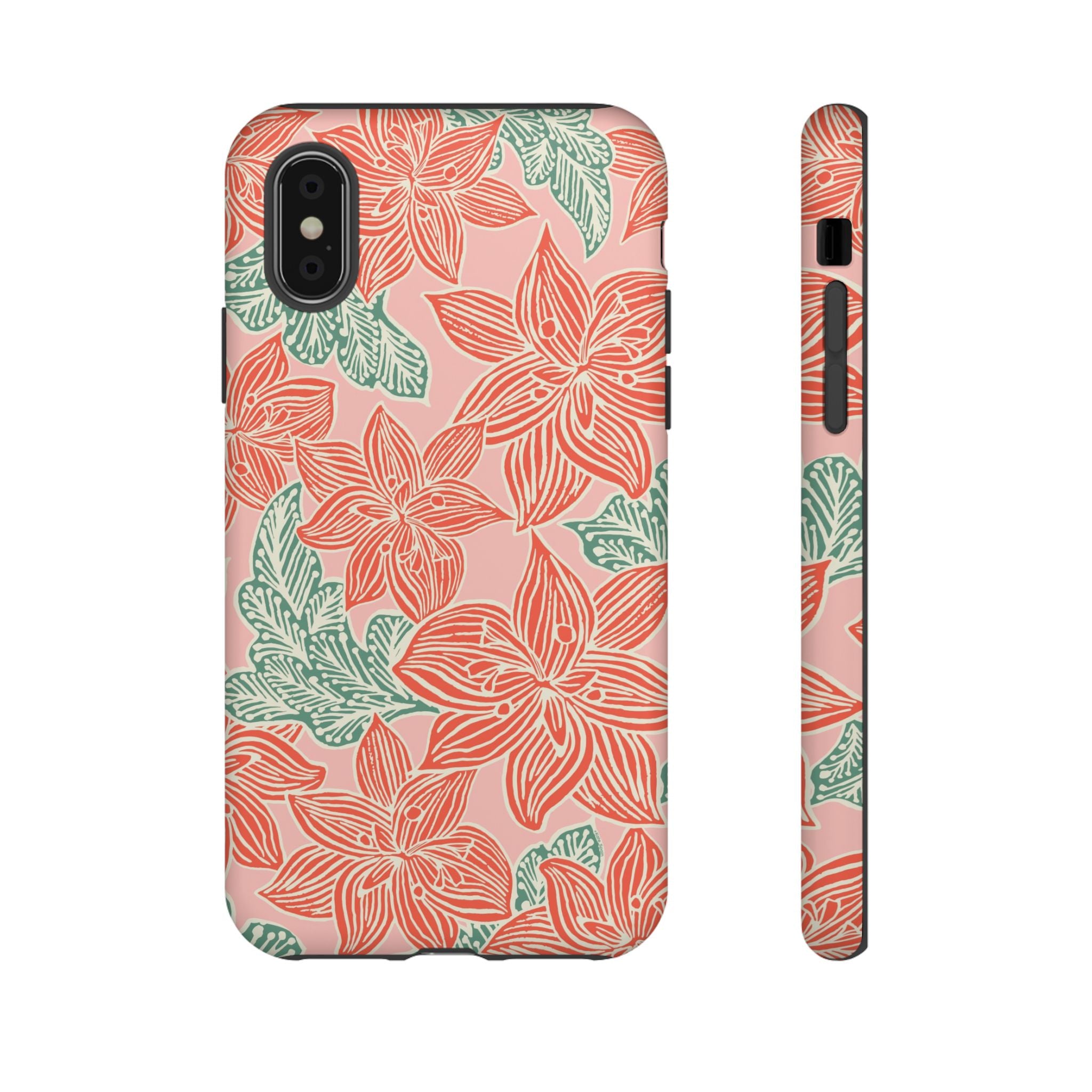 Hibiscus Coral iPhone X Matte Case — blush pink hard case with large-scale coral red hibiscus flowers and teal-green leaves in a bold botanical linework print, densely layered across the surface
