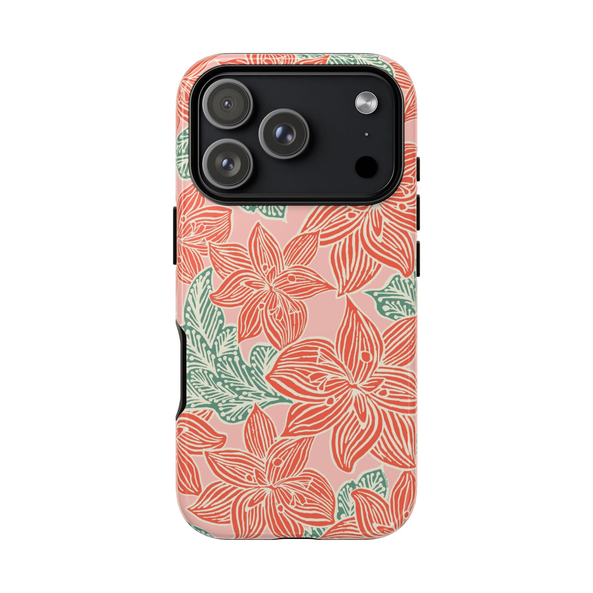 Hibiscus Coral iPhone 17 Pro Glossy Case — blush pink hard case with large-scale coral red hibiscus flowers and teal-green leaves in a bold botanical linework print, densely layered across the surface