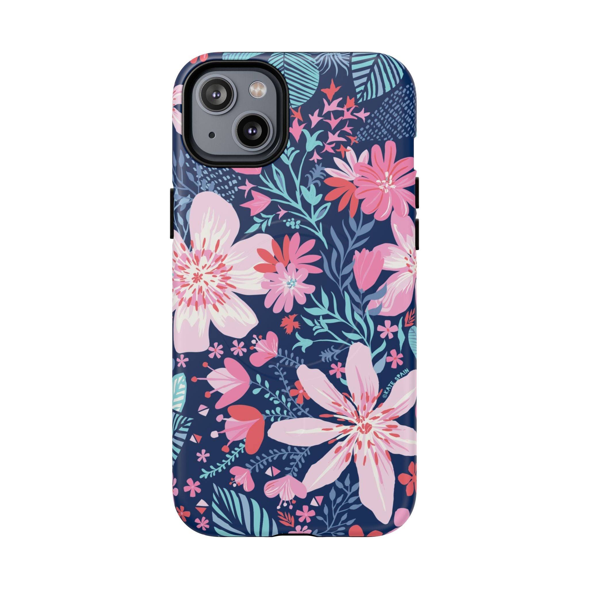 Bonaire MagSafe iPhone 14 Plus Case – Matte | navy, pink, white tropical floral botanical print