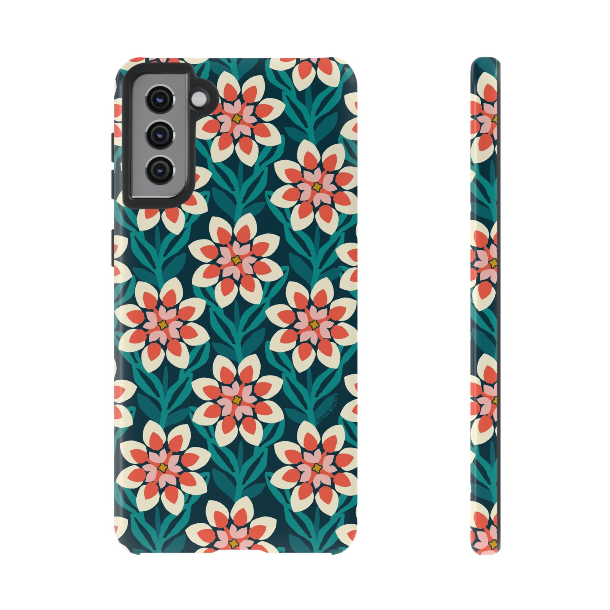 Luxury Modern Dahlia Samsung Galaxy S21 Plus Case – Glossy | teal, coral, pink, cream modern dahlia print