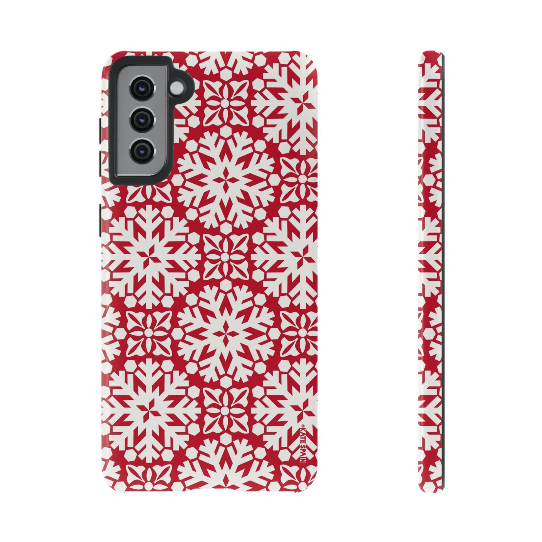 Flurry Samsung Galaxy S21 Plus Case – Glossy | white, red geometric snowflake tile print