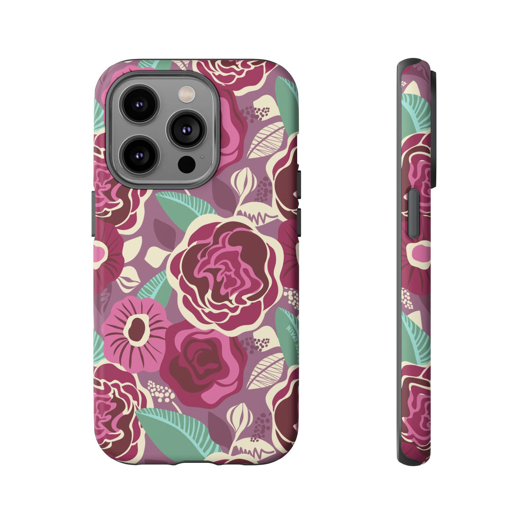 Tea Rose Burgundy Tough iPhone 14 Pro Case – Matte | burgundy, magenta, plum botanical rose floral print