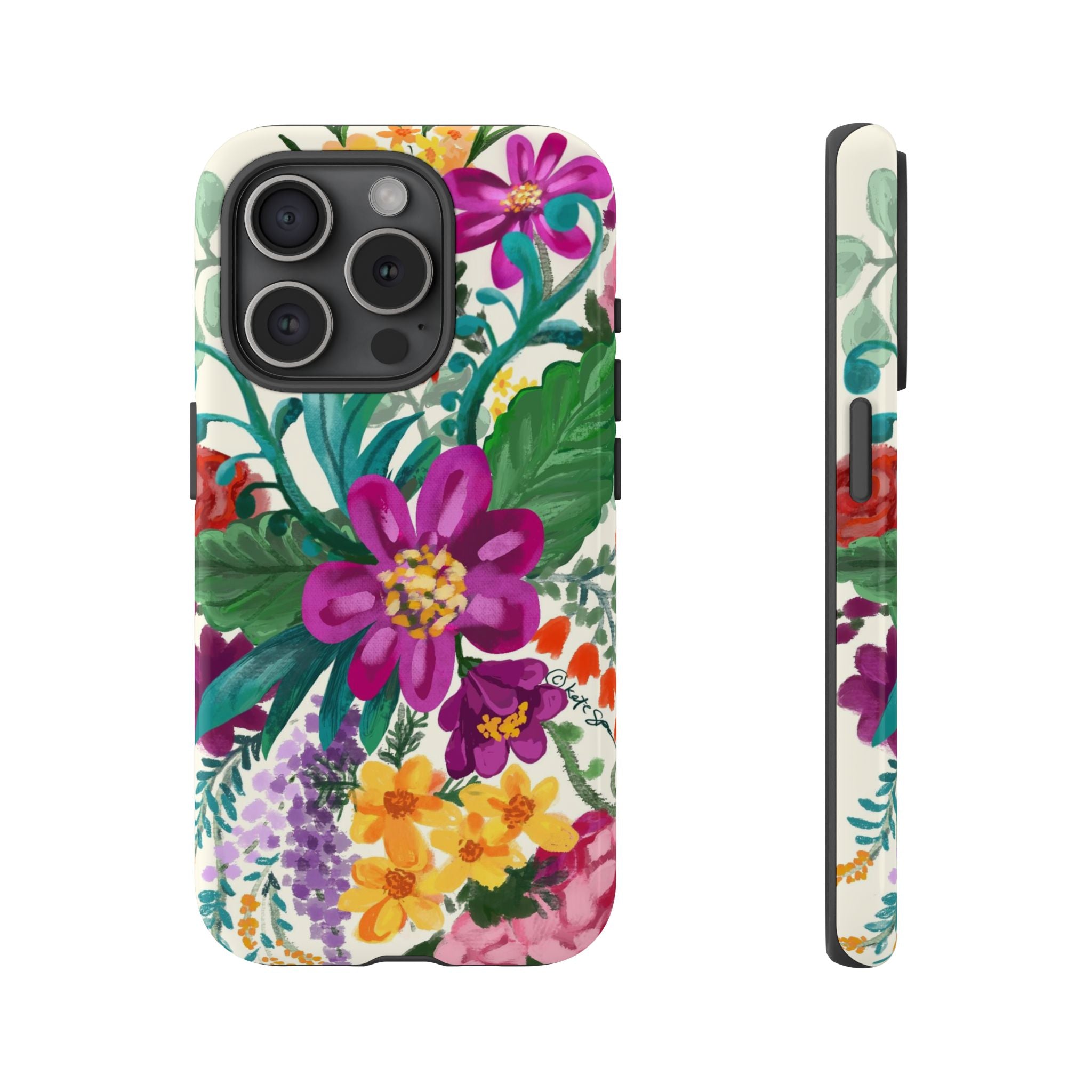 Posy Tough iPhone 15 Pro Case – Glossy | cream, magenta, coral botanical floral print