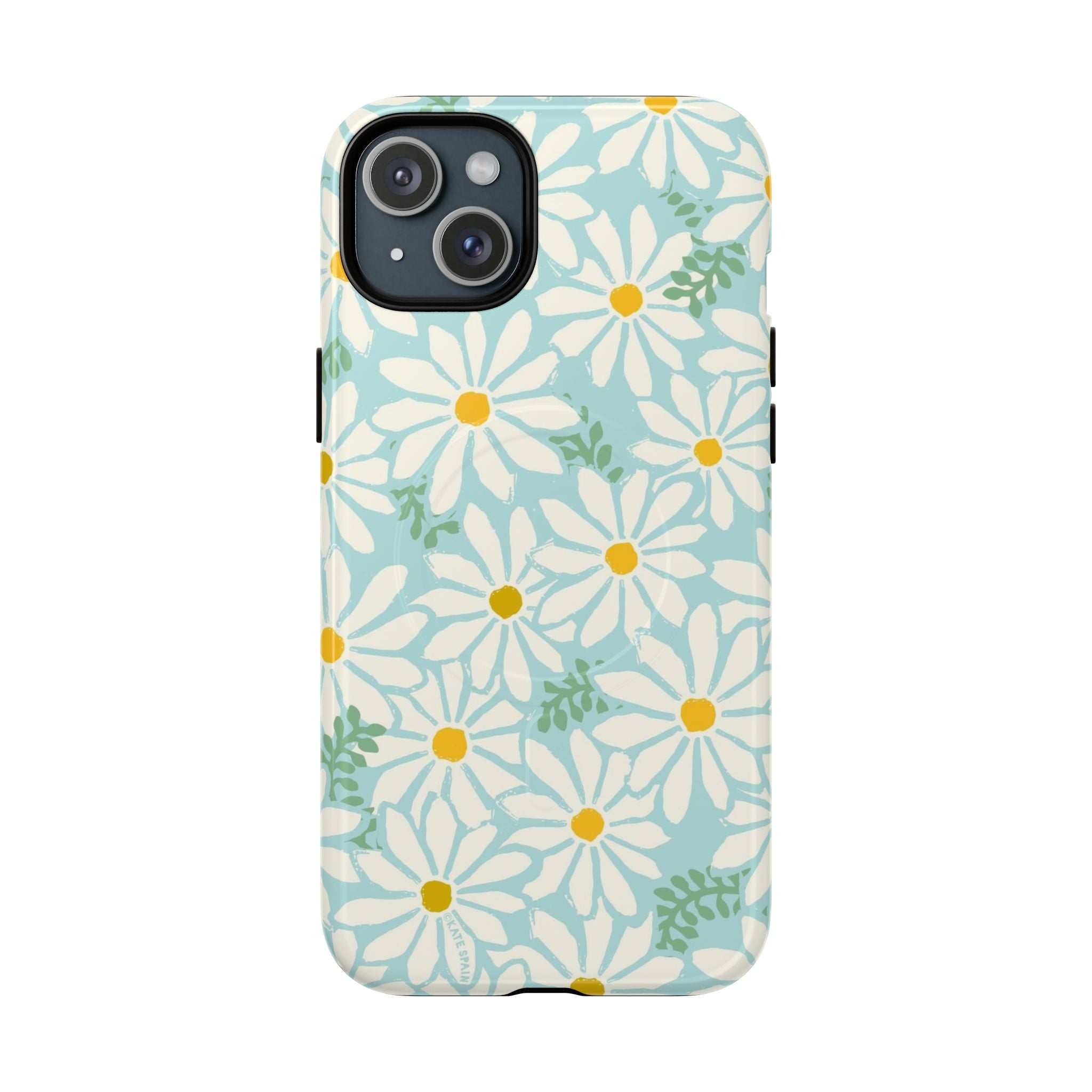 Daisies MagSafe iPhone 15 Plus Case – Glossy | mint, white, yellow botanical daisy floral print