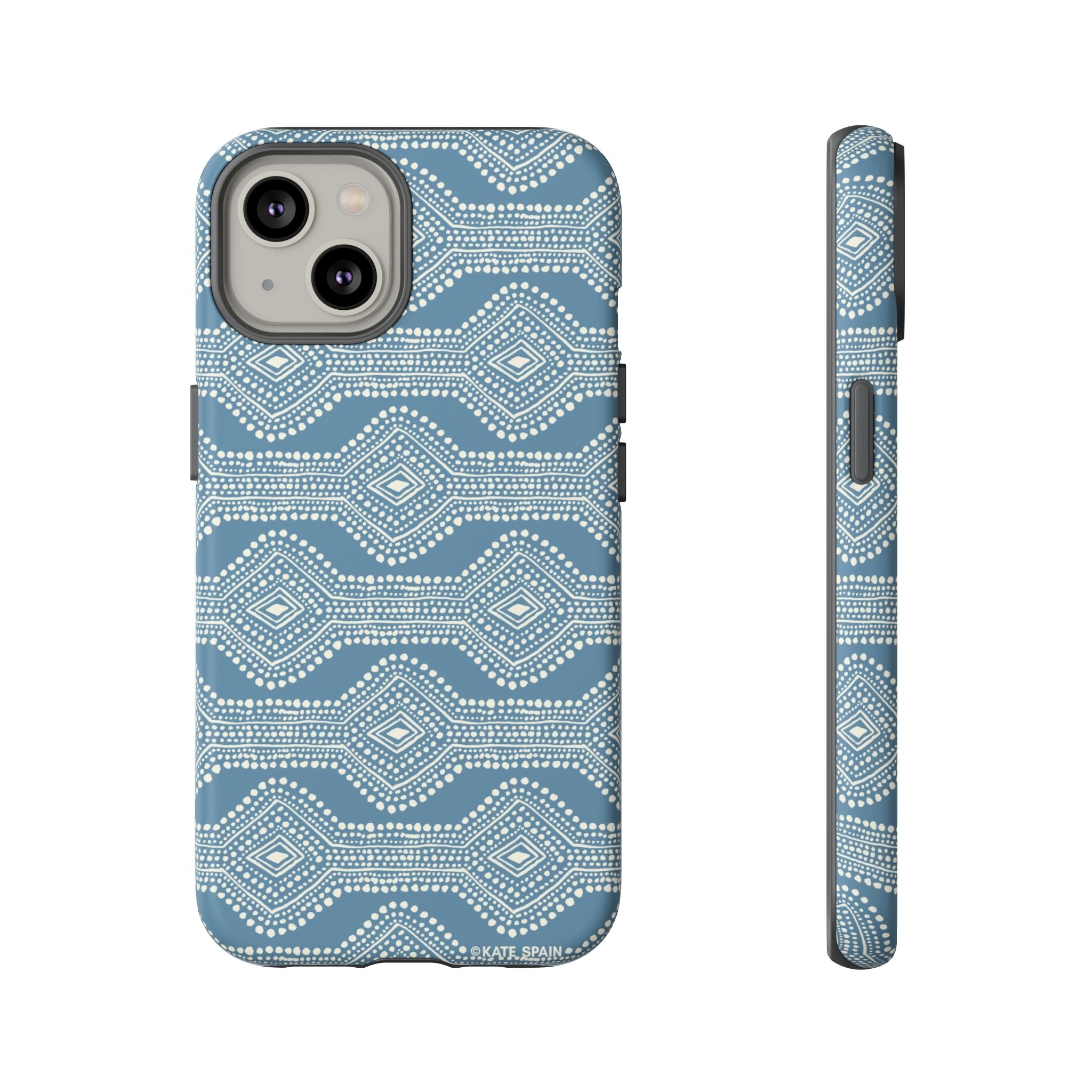 Diamond Dots Tough iPhone 14 Case – Matte | steel blue, white diamond dot geometric print