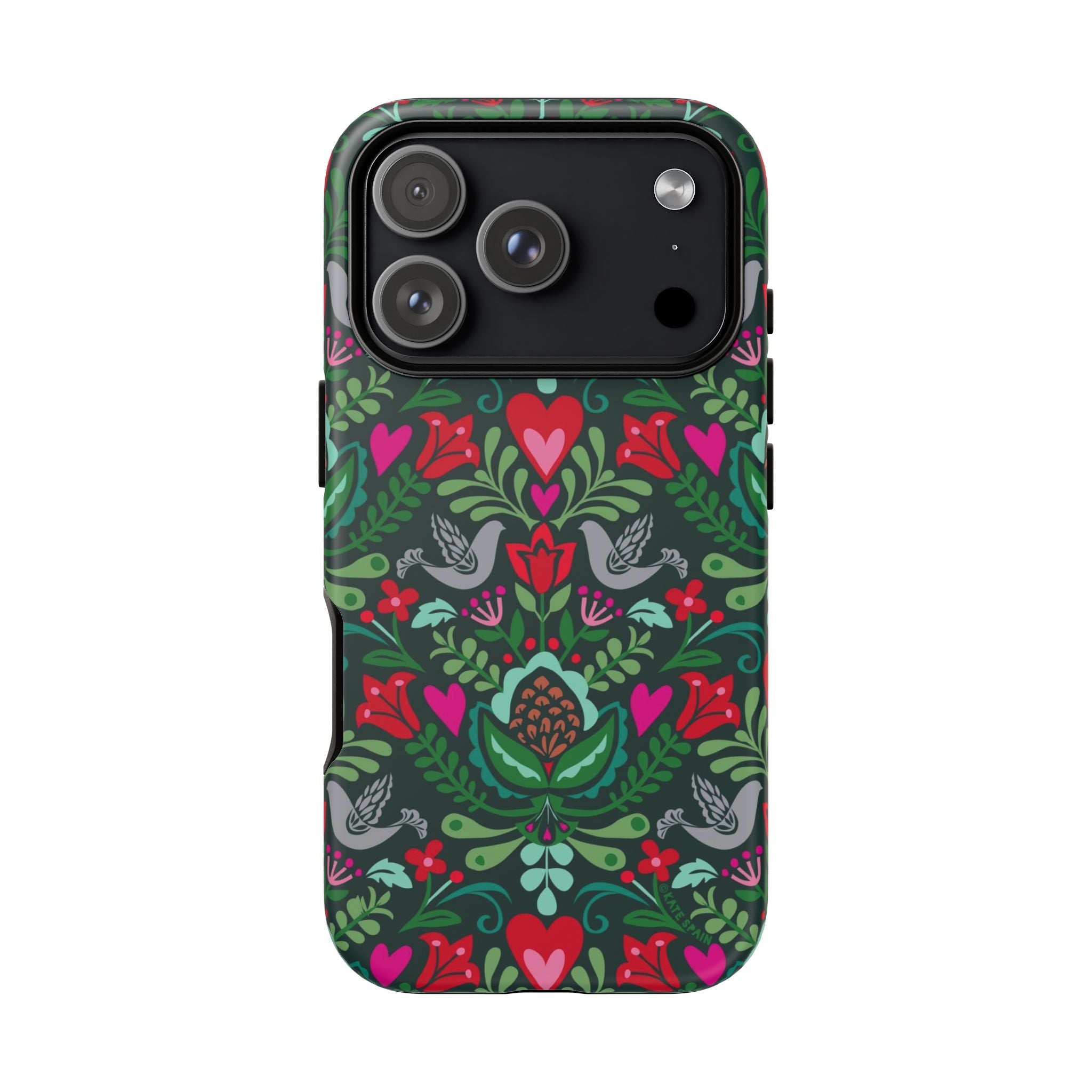Rosemaling Tough iPhone 17 Pro Case – Matte | dark green, red, pink, gray folk art floral bird print
