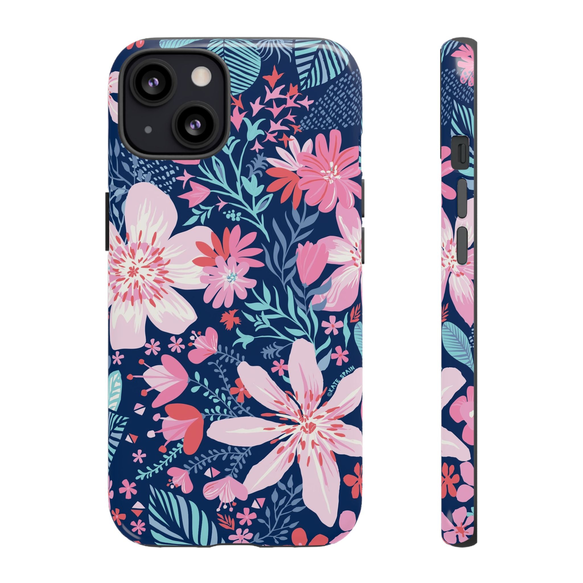 Bonaire Tough iPhone 13 Case – Matte | navy, pink, white tropical floral botanical print