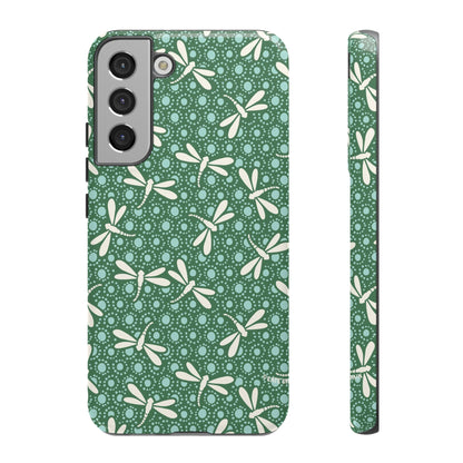 Dragonfly Pattern Phone Case — Green Floral Protective Tough Case