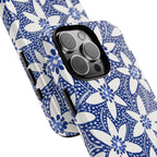 Starflower iPhone 16 Pro Max Tough Case – detail of camera and buttons on case | navy, white geometric starflower print
