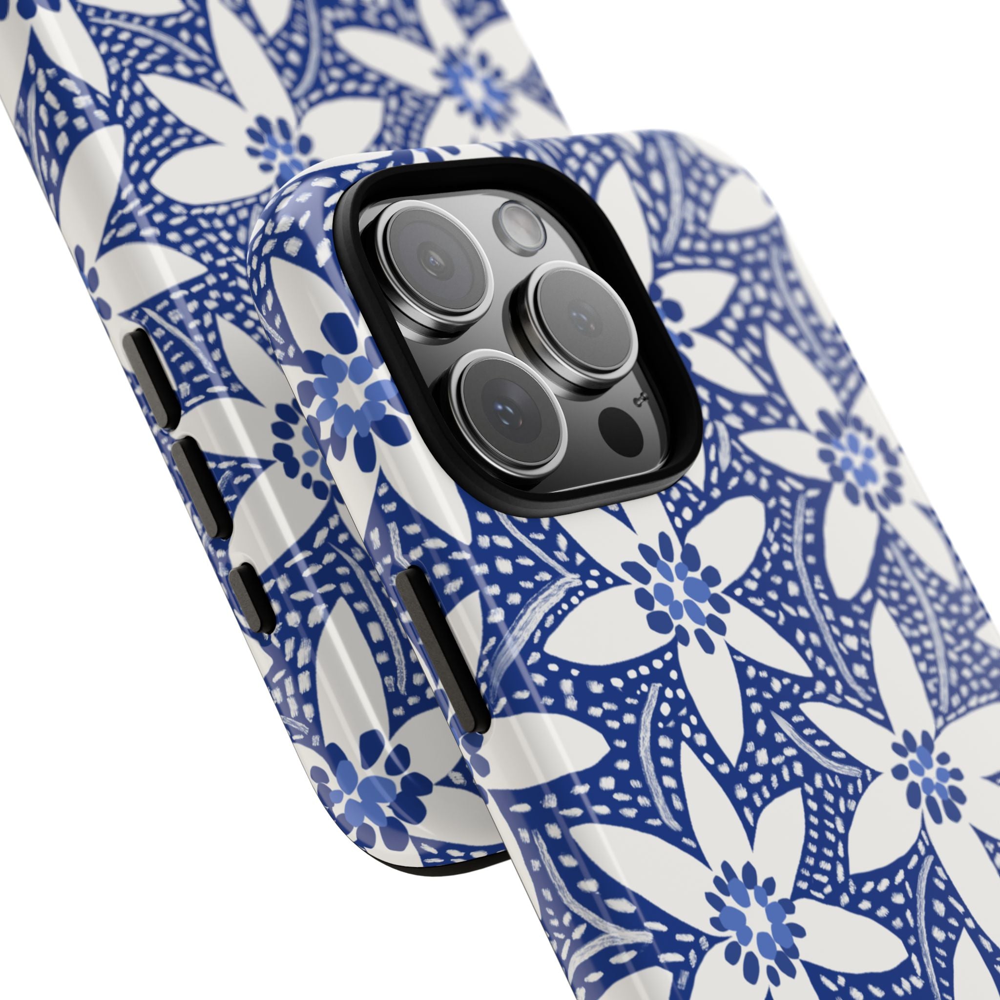 Starflower iPhone 16 Pro Max Tough Case – detail of camera and buttons on case | navy, white geometric starflower print