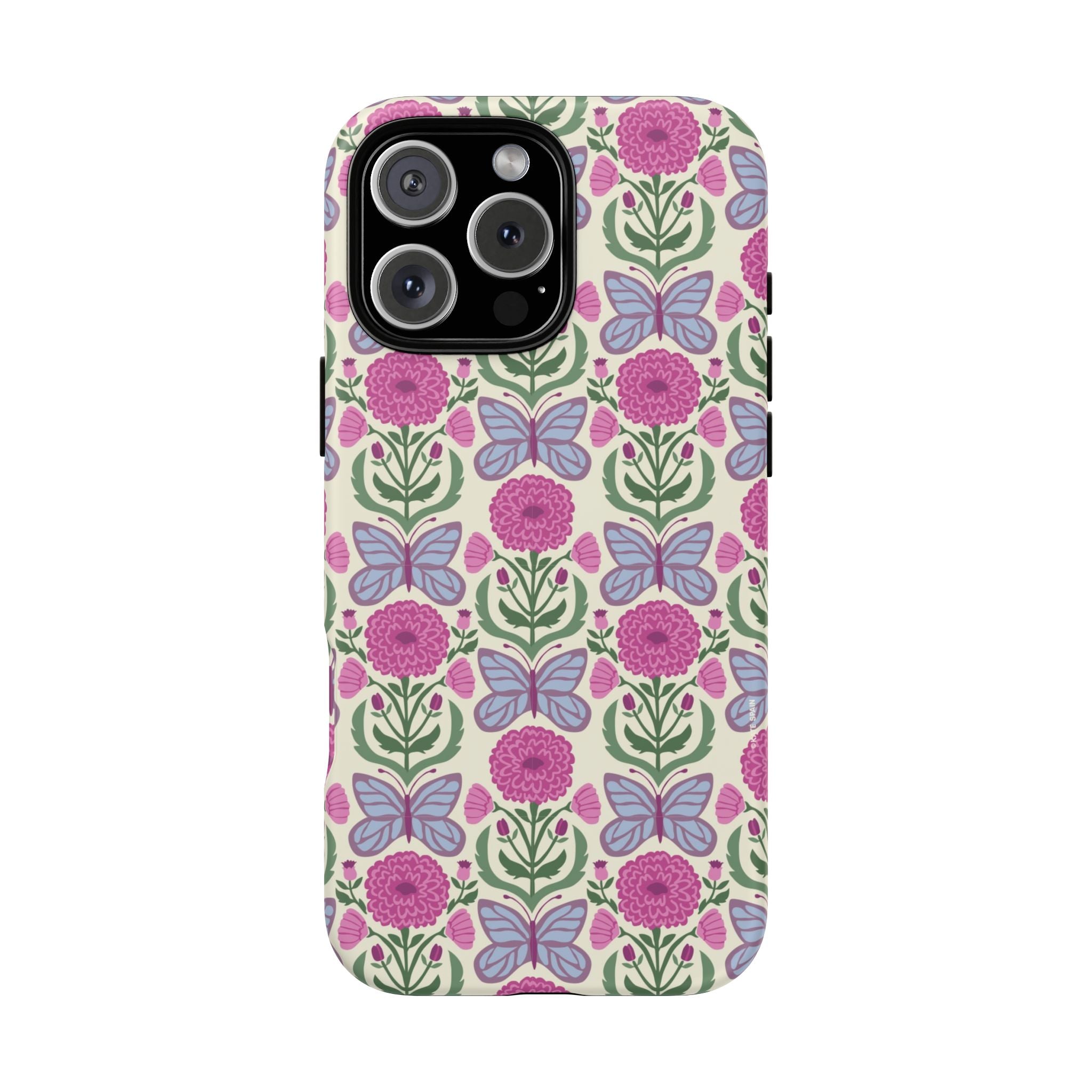 Butterfly Tough iPhone 16 Pro Max Case – Matte | cream, magenta, periwinkle butterfly floral print