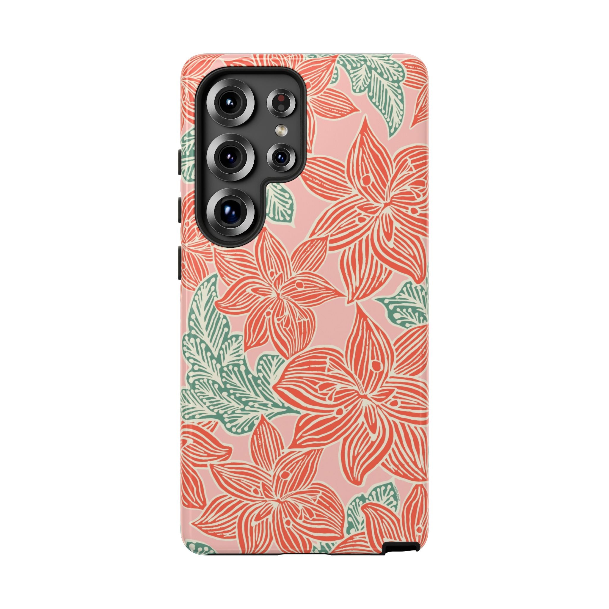 Hibiscus Coral Samsung Galaxy S25 Ultra Glossy Case — blush pink hard case with large-scale coral red hibiscus flowers and teal-green leaves in a bold botanical linework print, densely layered across the surface