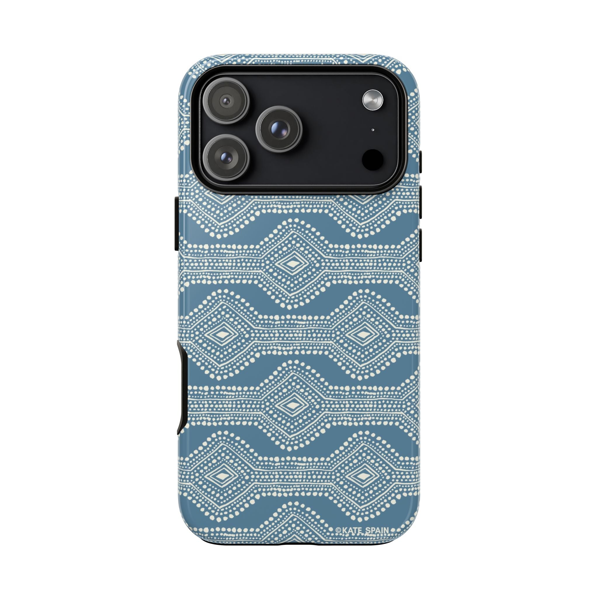Diamond Dots Tough iPhone 17 Pro Max Case – Glossy | steel blue, white diamond dot geometric print