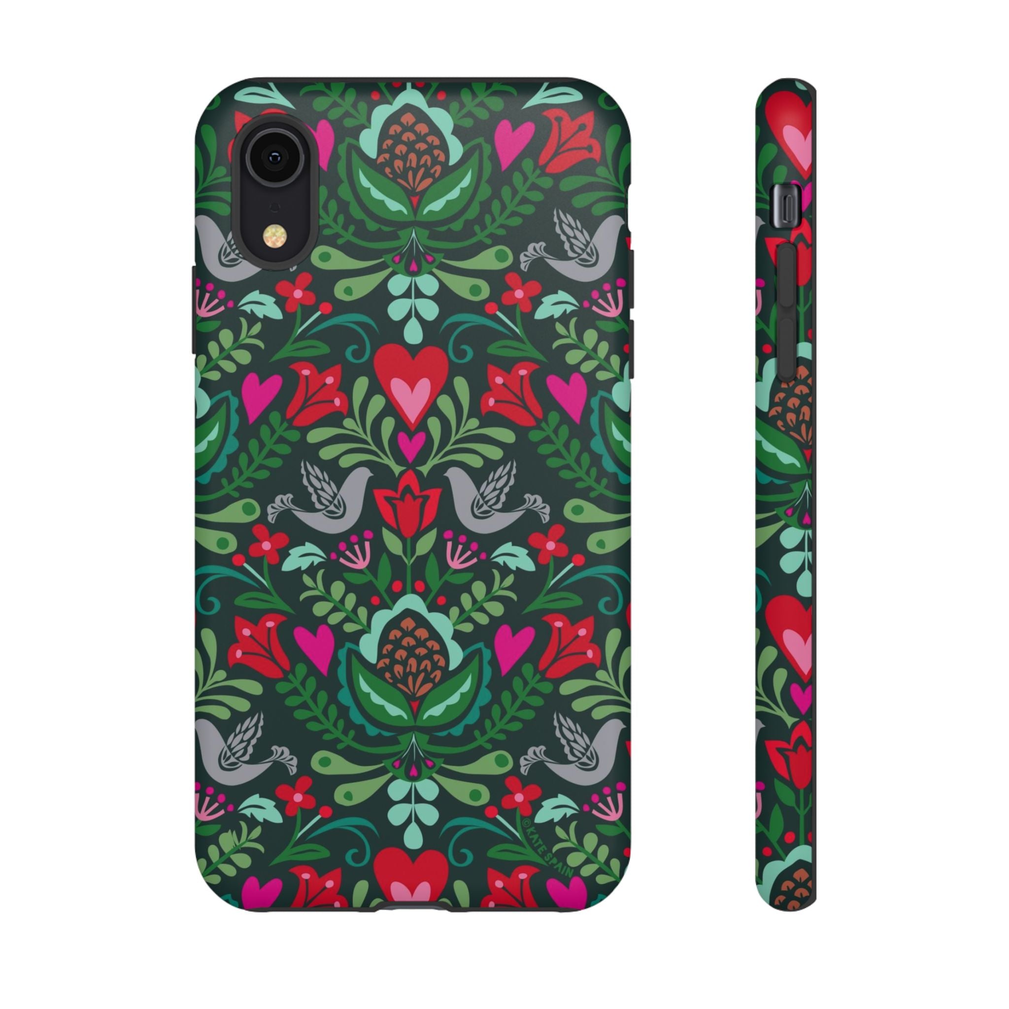 Rosemaling Tough iPhone XR Case – Matte | dark green, red, pink, gray folk art floral bird print