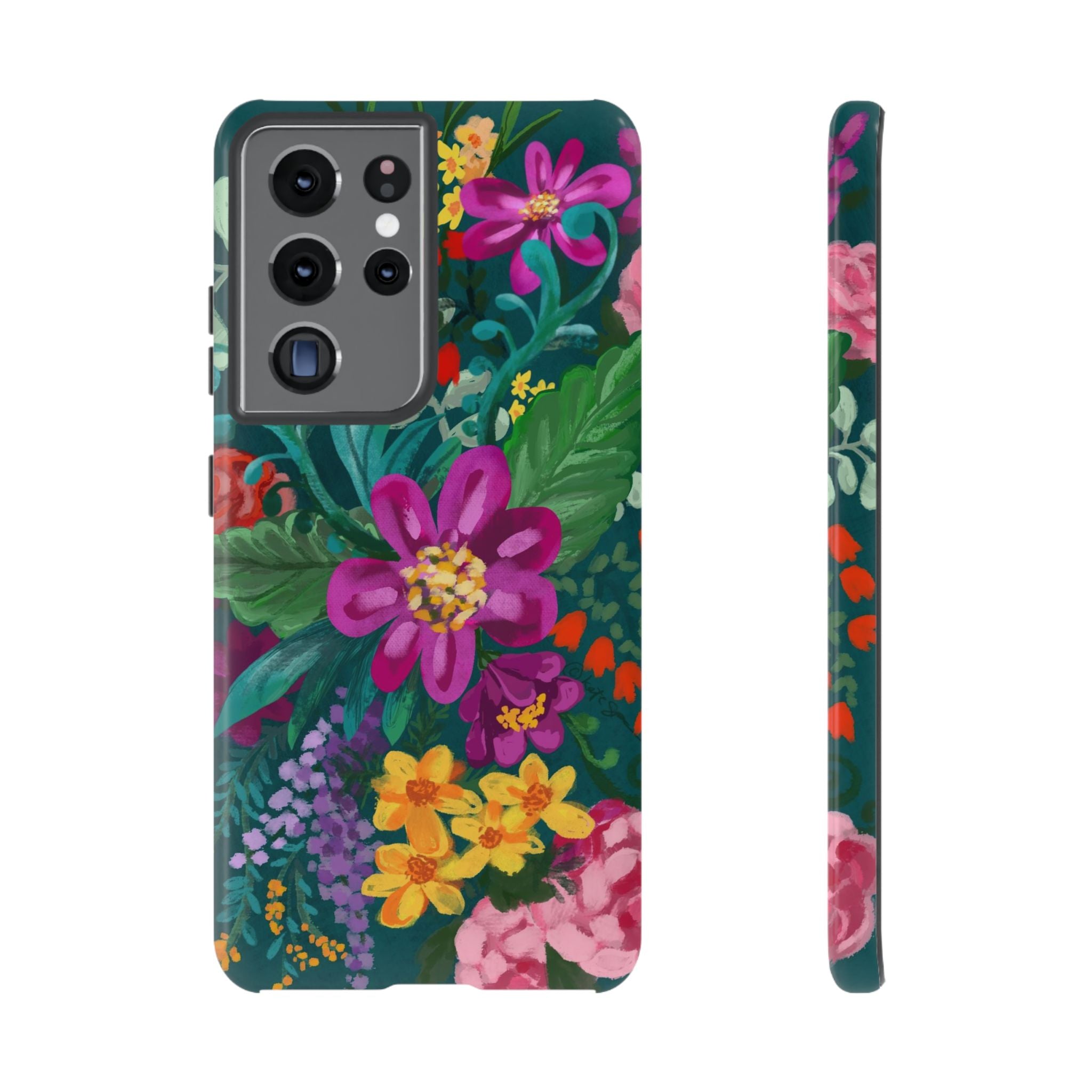 Tropical Posy Samsung Galaxy S21 Ultra Case – Glossy | teal, magenta, yellow, pink vibrant botanical floral print