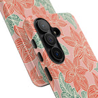 Hibiscus Coral Samsung Galaxy S26 Case — angled view showing slim profile; coral red hibiscus and teal-green leaves botanical print