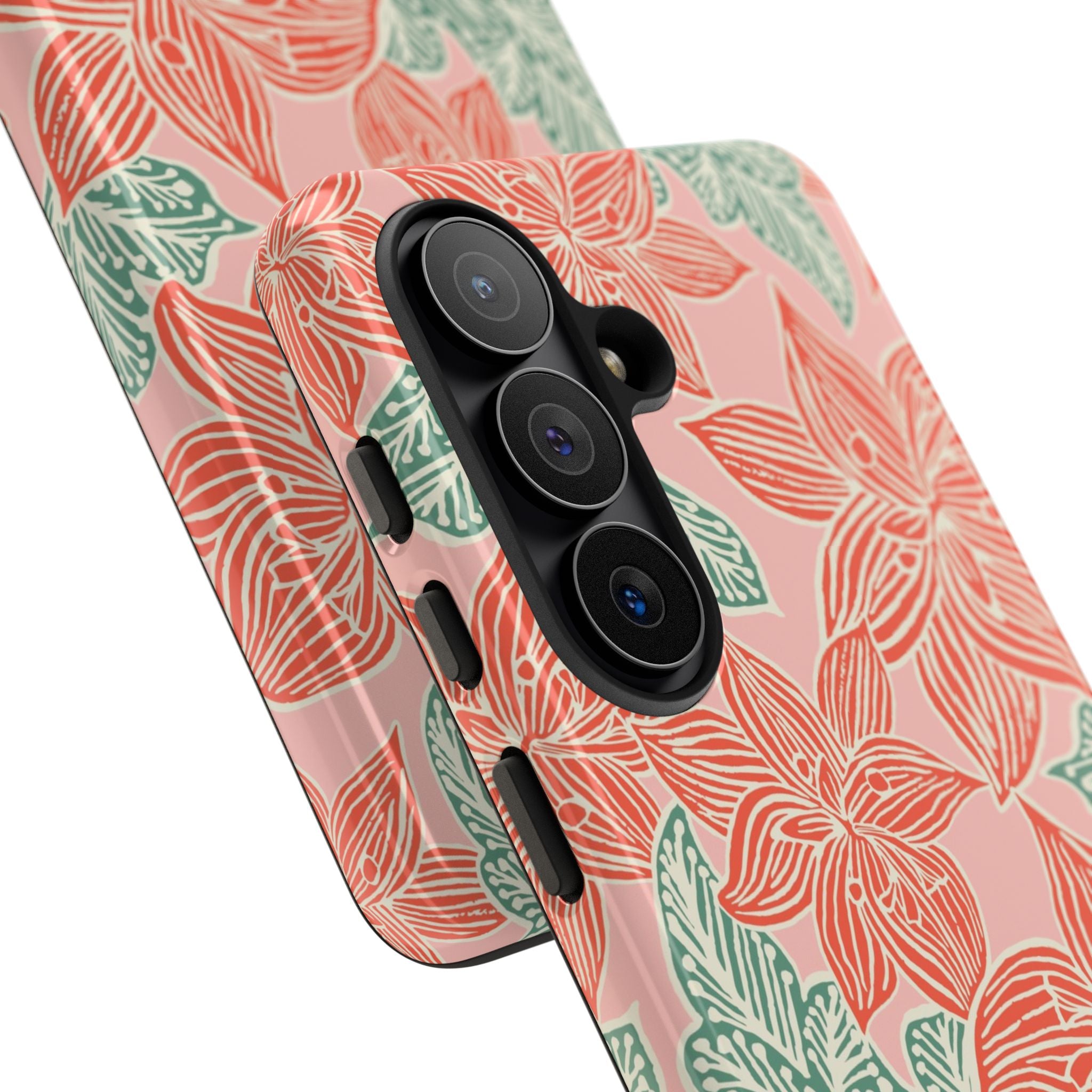 Hibiscus Coral Samsung Galaxy S26 Case — angled view showing slim profile; coral red hibiscus and teal-green leaves botanical print