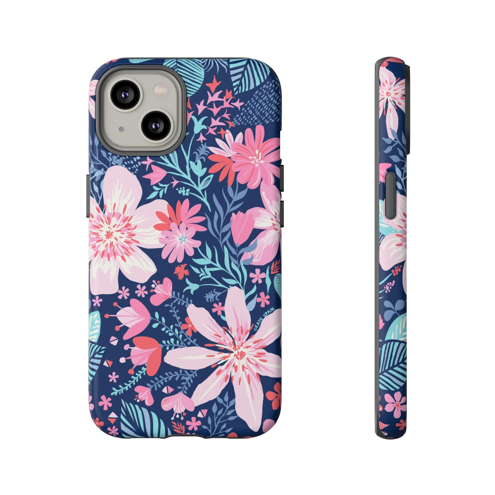 Bonaire Tough iPhone 14 Case – Matte | navy, pink, white tropical floral botanical print
