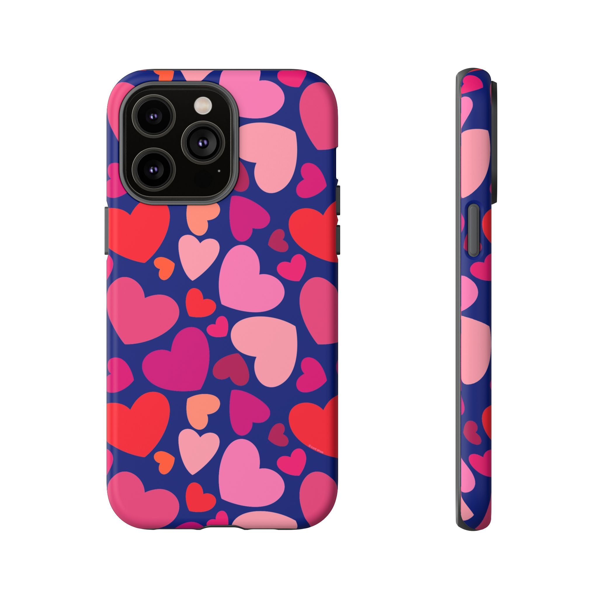 Hearts Tough iPhone 14 Pro Max Case – Matte | navy, pink, red, coral scattered heart print