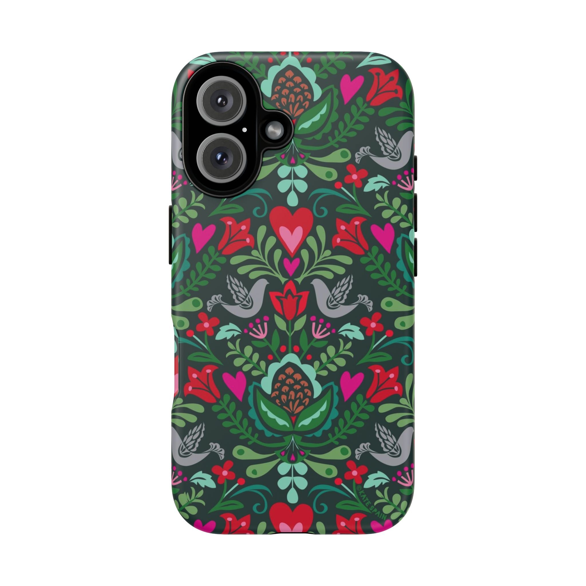 Rosemaling Tough iPhone 16 Case – Matte | dark green, red, pink, gray folk art floral bird print