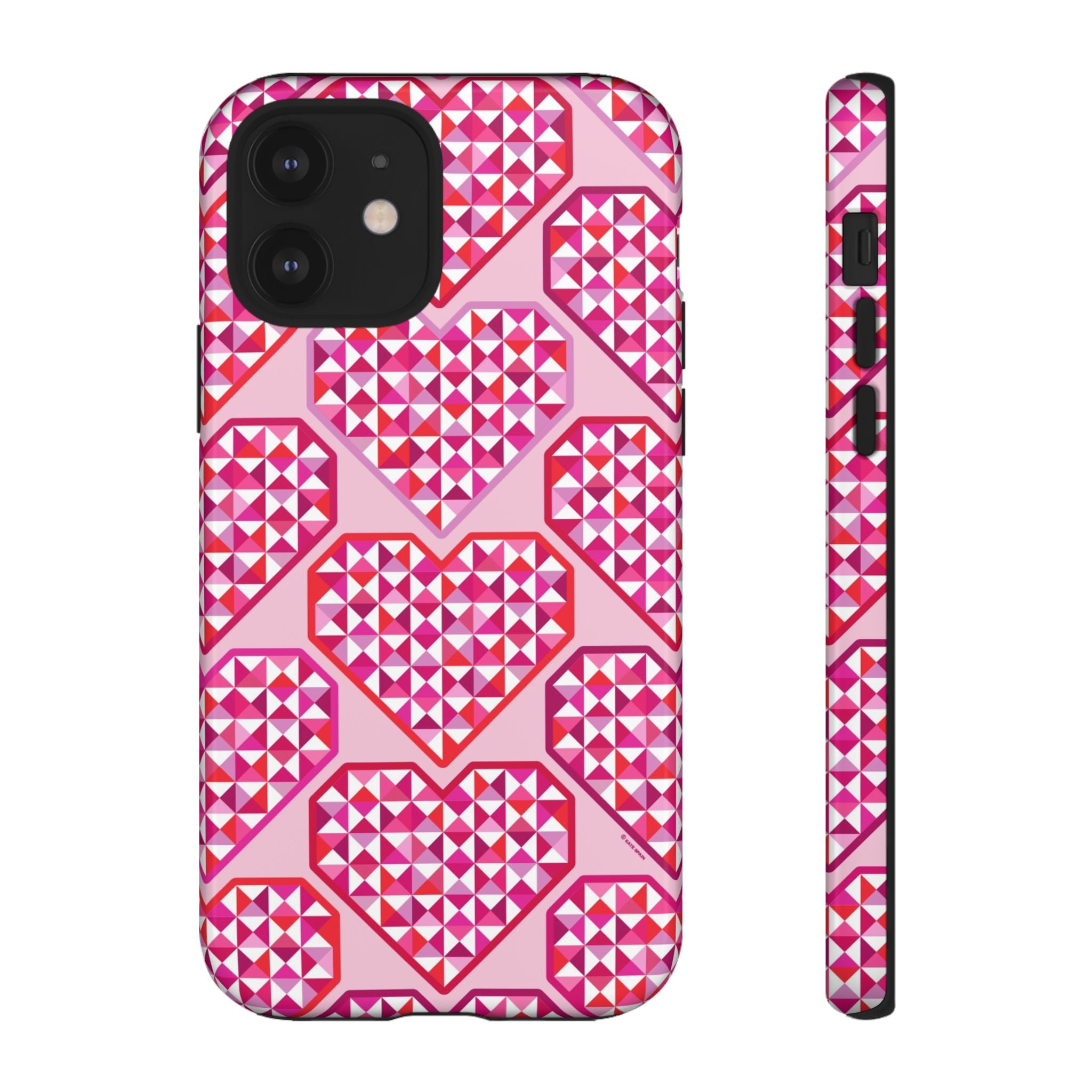 Pink Pyramid Heart Tough iPhone 12 Case – Glossy | blush, pink, magenta, red geometric pyramid heart print