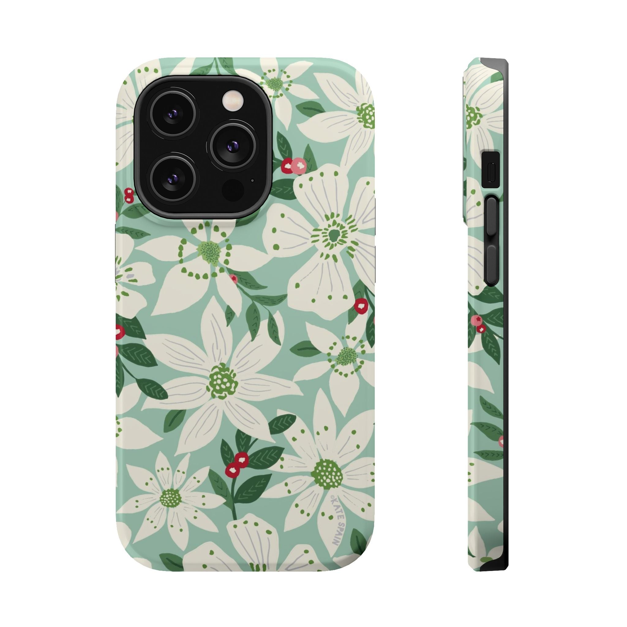 Gardenia MagSafe iPhone 14 Pro Case – Glossy | light blue, white, green, red gardenia botanical print MagSafe compatible, dual-layer protection