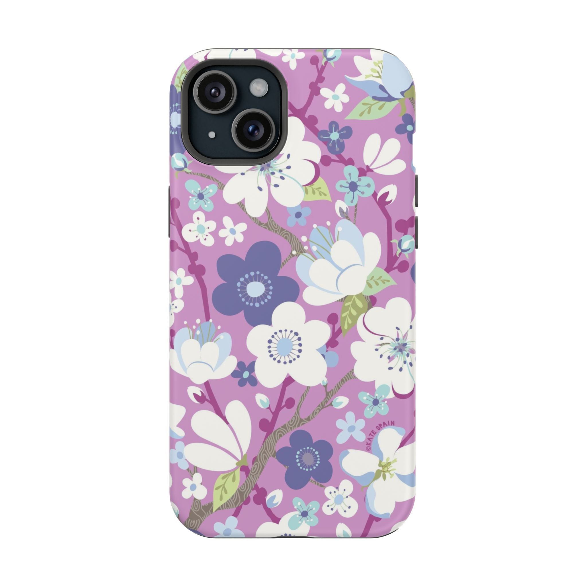 Luxury Cherry Blossom MagSafe iPhone 15 Plus Case – Matte | mauve, purple, blue, white cherry blossom print