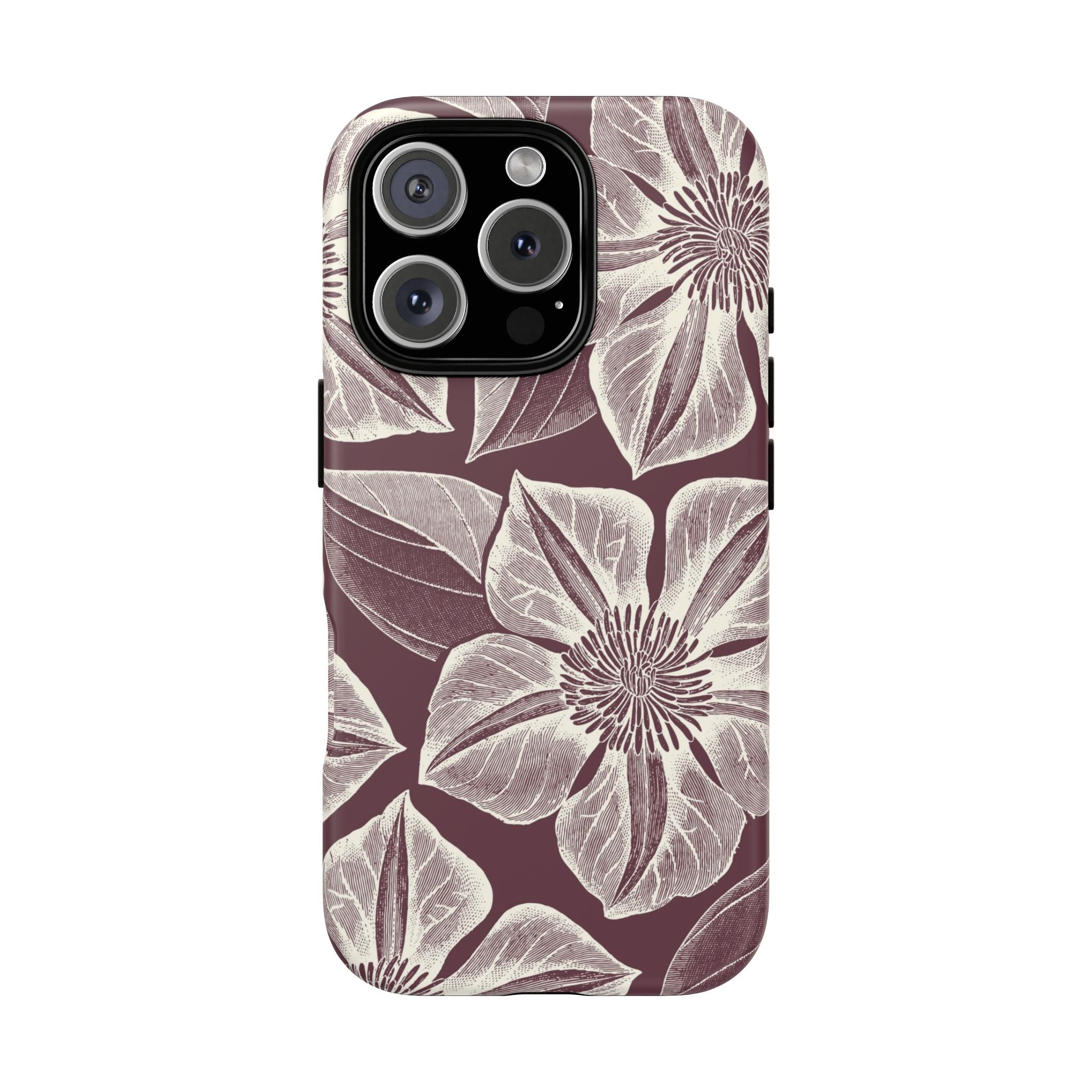 Vintage Bloom Burgundy iPhone 16 Pro case – Matte | burgundy ground, large-scale cream clematis print, engraved petal detail, dual-layer protection