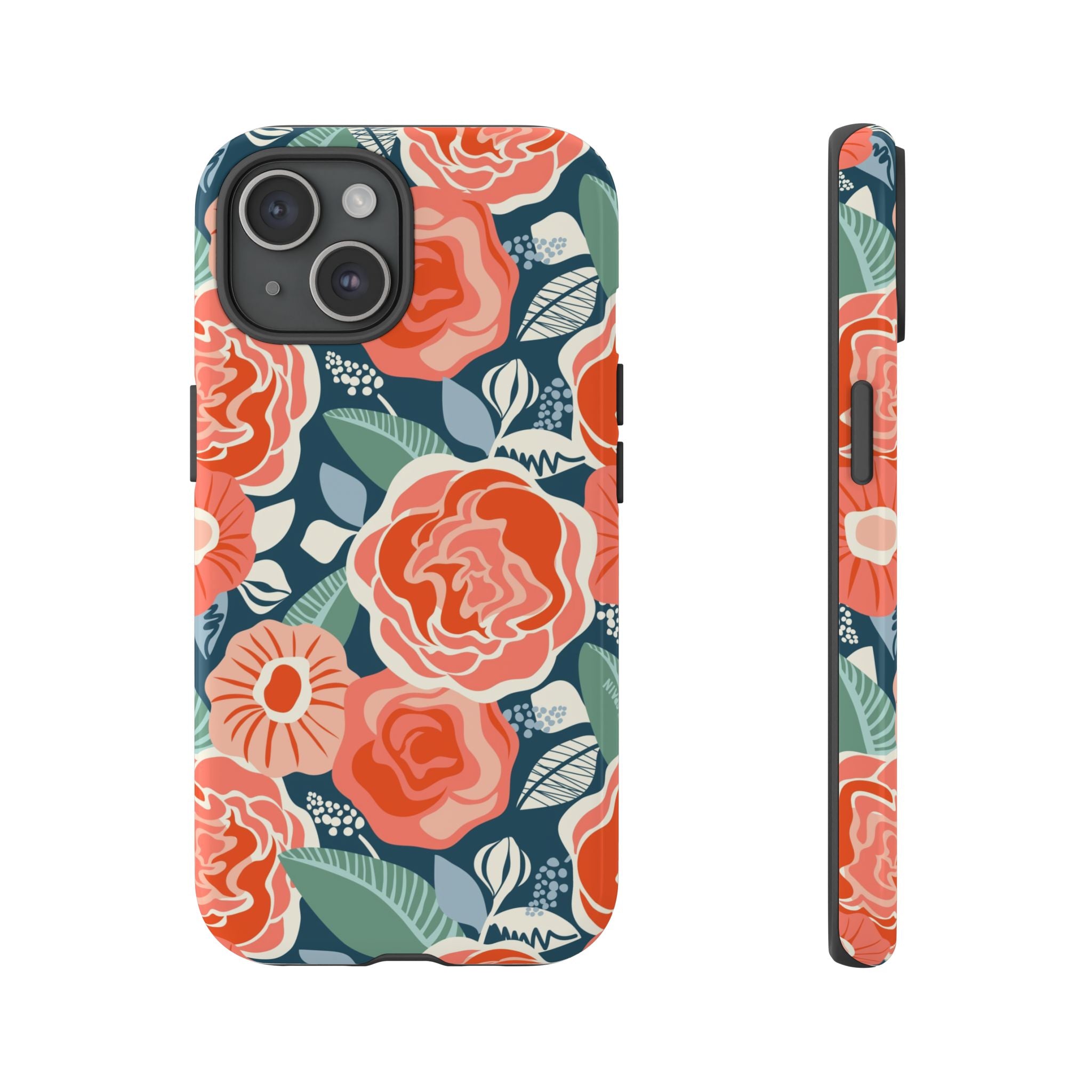 Tea Rose Navy Tough iPhone 15 Case – Matte | navy, coral, pink, cream rose floral print