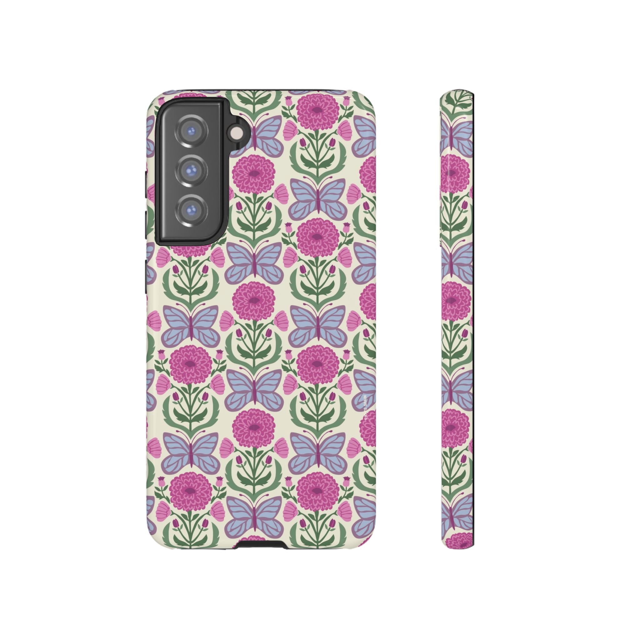Luxury Butterfly Samsung Galaxy S21 FE Case – Glossy | cream, magenta, periwinkle butterfly floral print