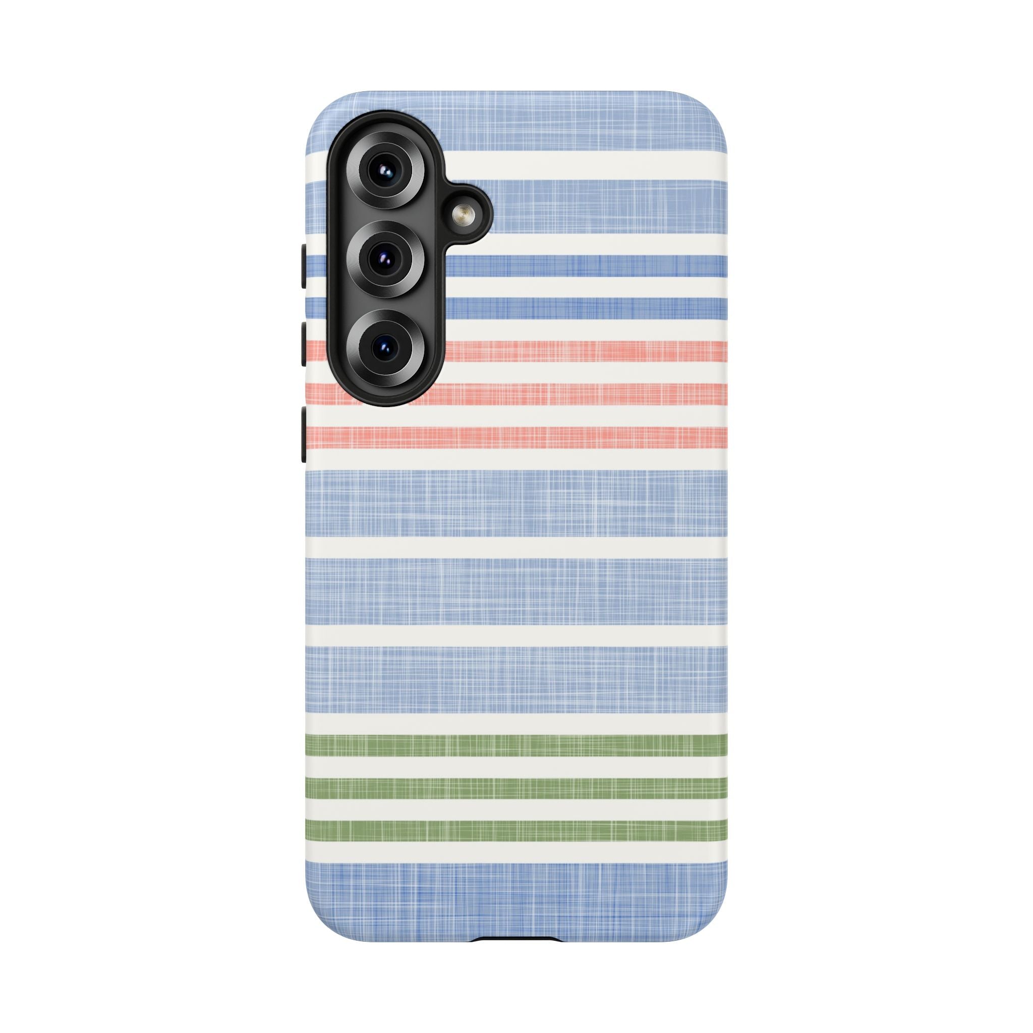 Cabana Stripe Pastel Samsung Galaxy S25 Plus Case – Matte | soft blue, coral, sage green chambray-textured stripe print dual-layer protection