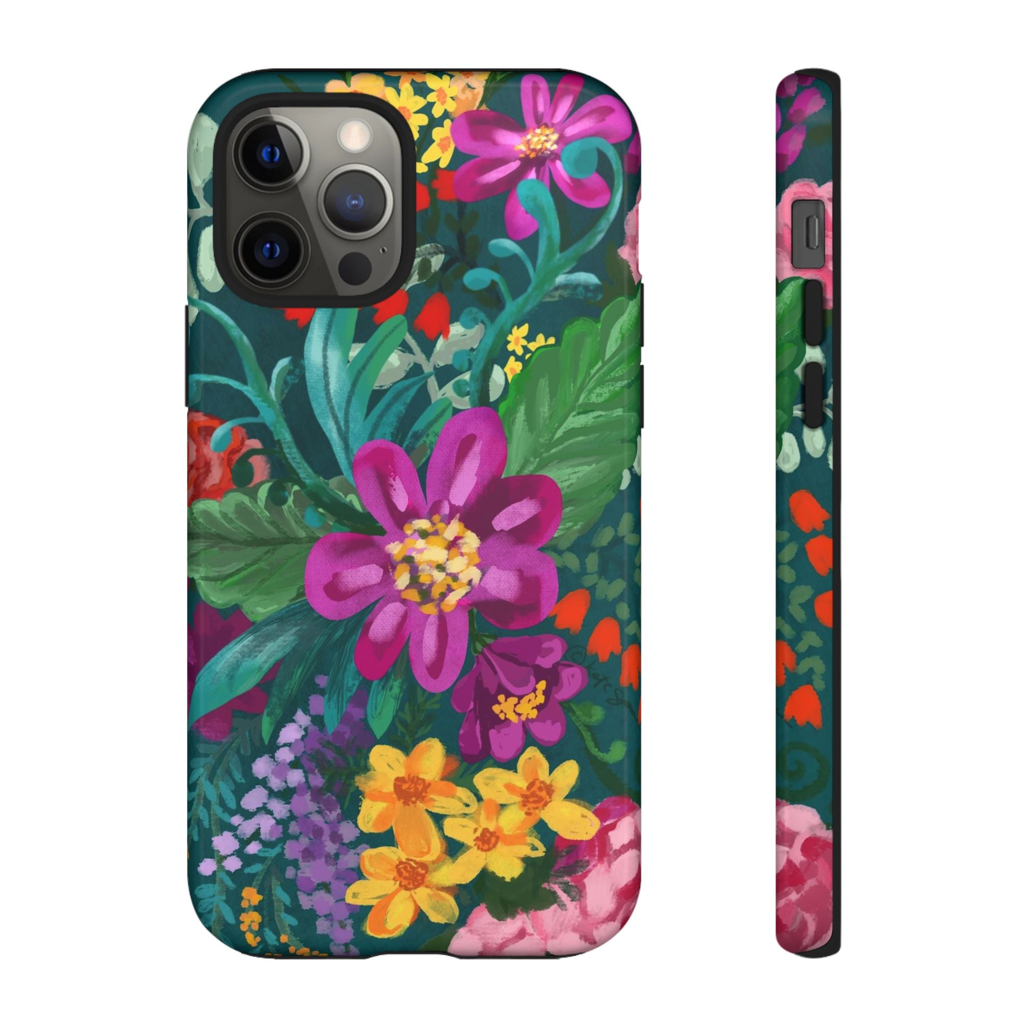 Posy Tough iPhone 12 Pro Case – Glossy | teal, purple, magenta, yellow botanical wildflower print
