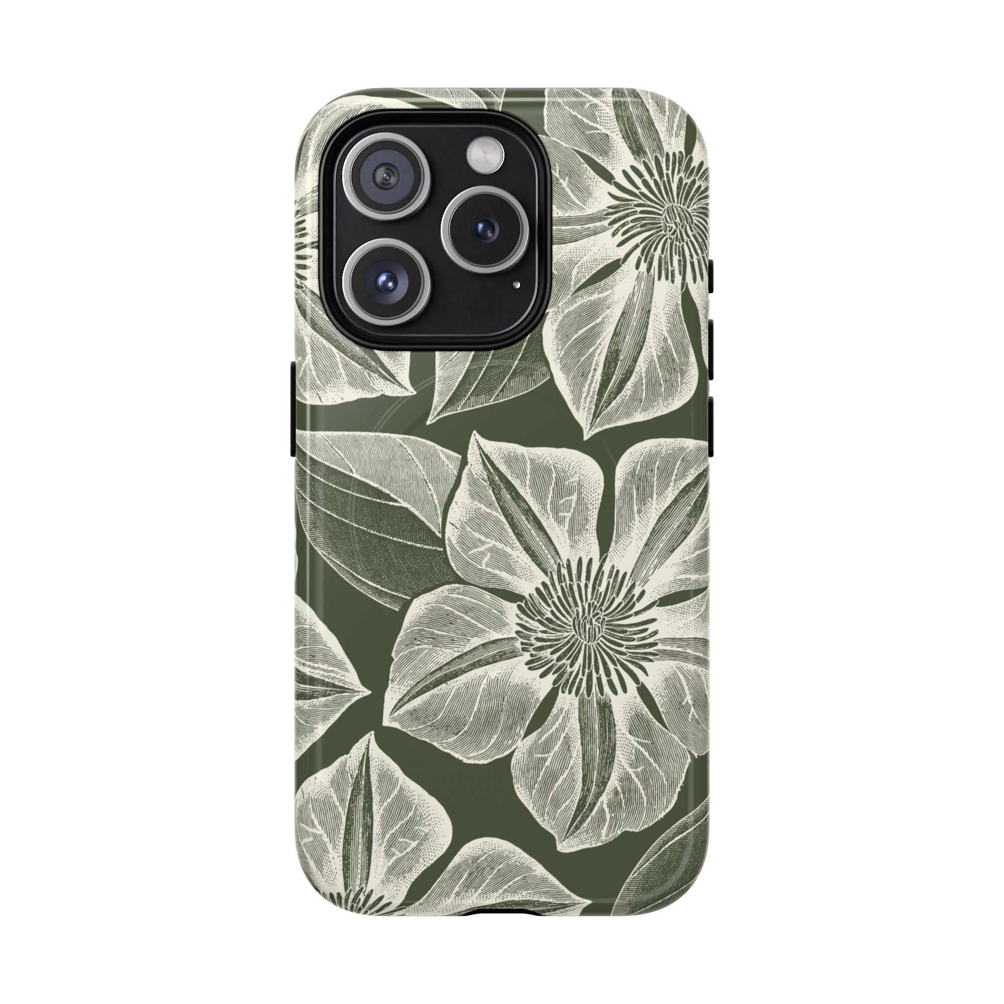 Vintage Bloom Cypress MagSafe iPhone 15 Pro – Glossy | cypress green ground, large-scale white clematis print, engraved petal detail, dual-layer protection