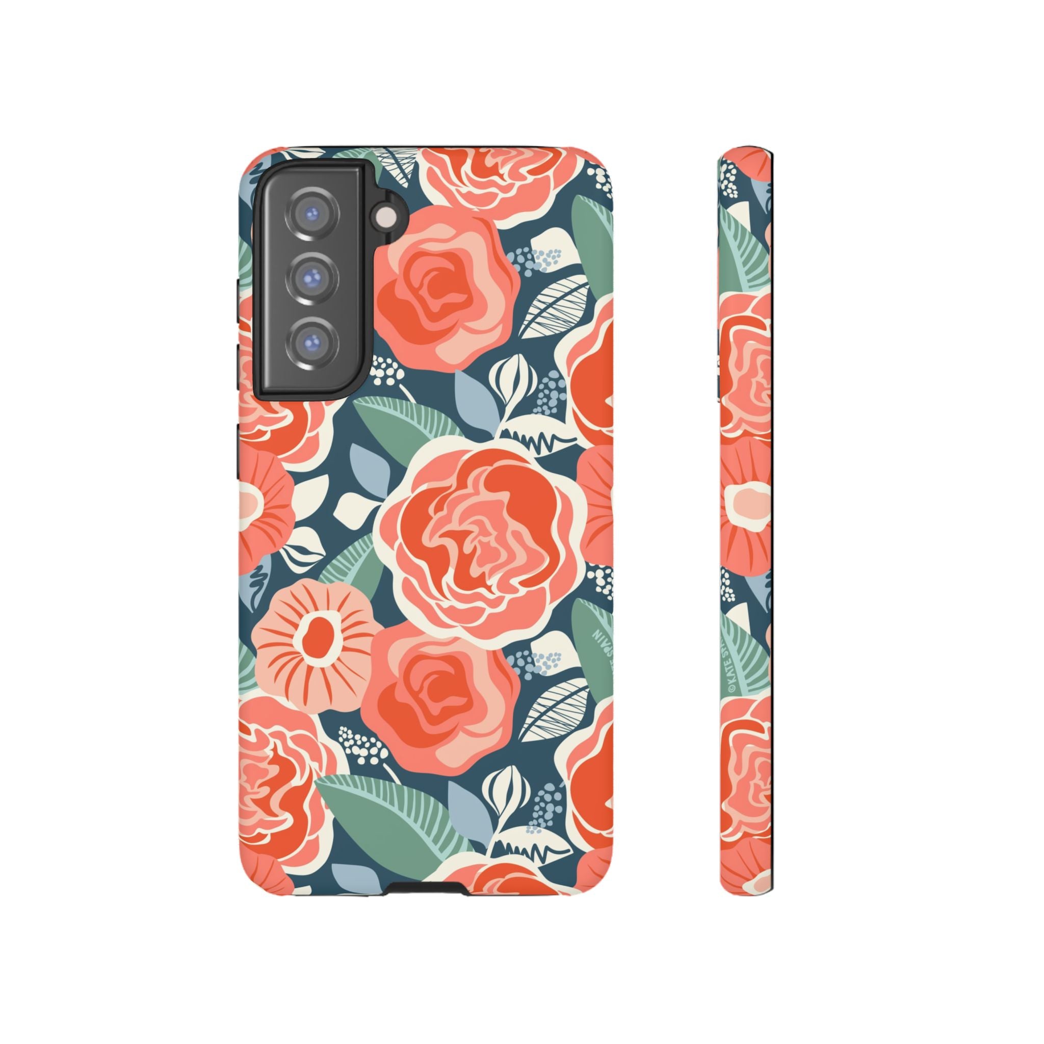 Luxury Tea Rose Navy Samsung Galaxy S21 FE Case – Matte | navy, coral, peach botanical rose floral print