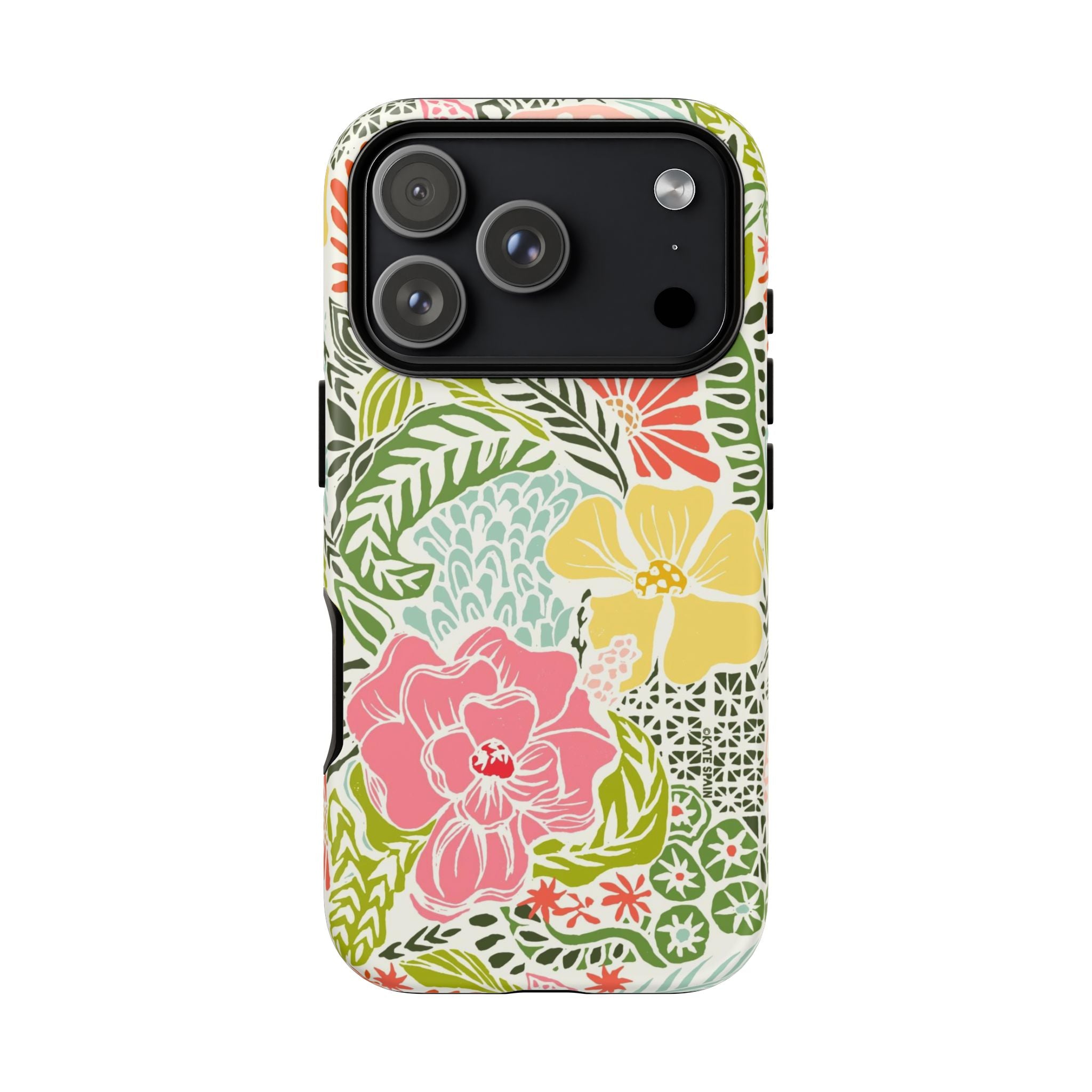 Tropica Tough iPhone 17 Pro Case – Matte | cream, pink, yellow, blue botanical floral print