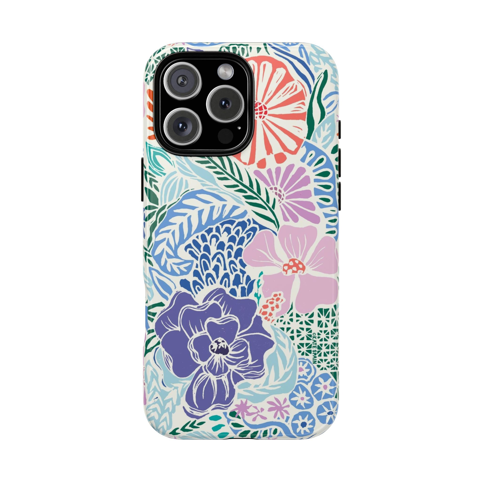 Tropica Tough iPhone 16 Pro Case – Matte | purple, coral, pink, blue botanical tropical floral print