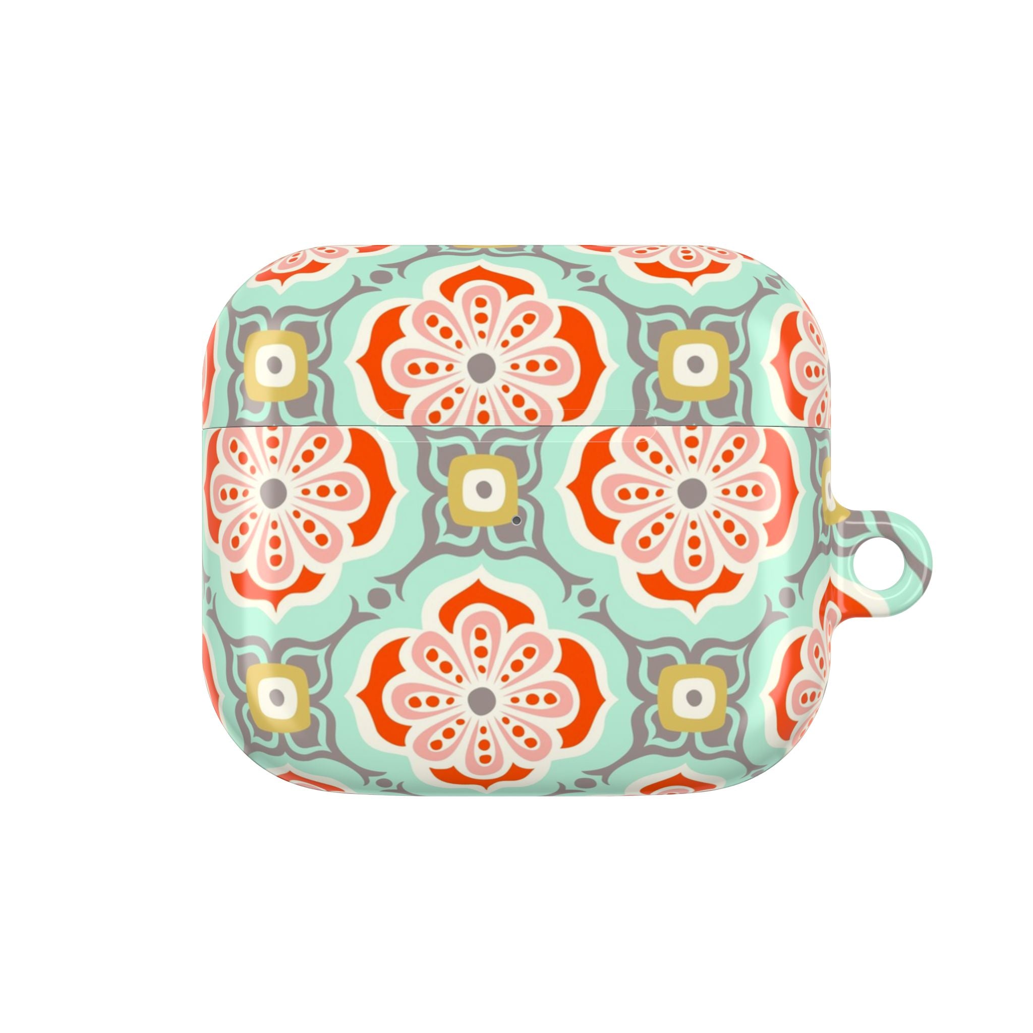 AirPods Gen 3 case – Glossy | terracotta red, coral, and gold geometric tile pattern on sage green ground
