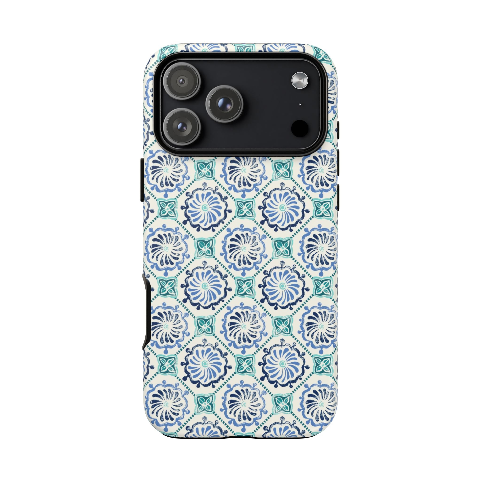 Horizon Blue Tile Tough iPhone 17 Pro Max Case – Matte | blue, turquoise, cream white dual-layer protection