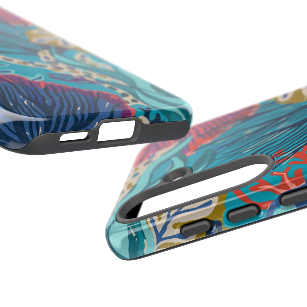 Luxury Reef Samsung Galaxy S25 Case – Glossy |close-up of sides of case in teal, navy, magenta, olive coral reef print