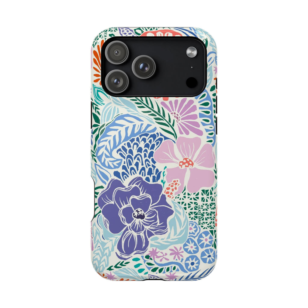 Tropica MagSafe iPhone 17 Pro Max Case – Glossy | purple, coral, pink, blue botanical tropical floral print MagSafe compatible, dual-layer protection