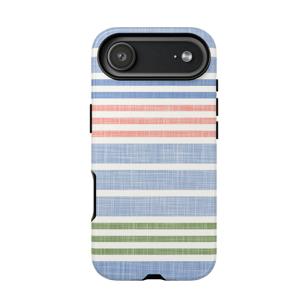 Cabana Stripe Pastel Tough iPhone 17 Air Case – Glossy | soft blue, coral, sage green chambray-textured stripe print dual-layer protection
