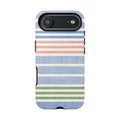 Cabana Stripe Pastel Tough iPhone 17 Air Case – Glossy | soft blue, coral, sage green chambray-textured stripe print dual-layer protection
