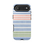 Cabana Stripe Pastel Tough iPhone 17 Air Case – Glossy | soft blue, coral, sage green chambray-textured stripe print dual-layer protection