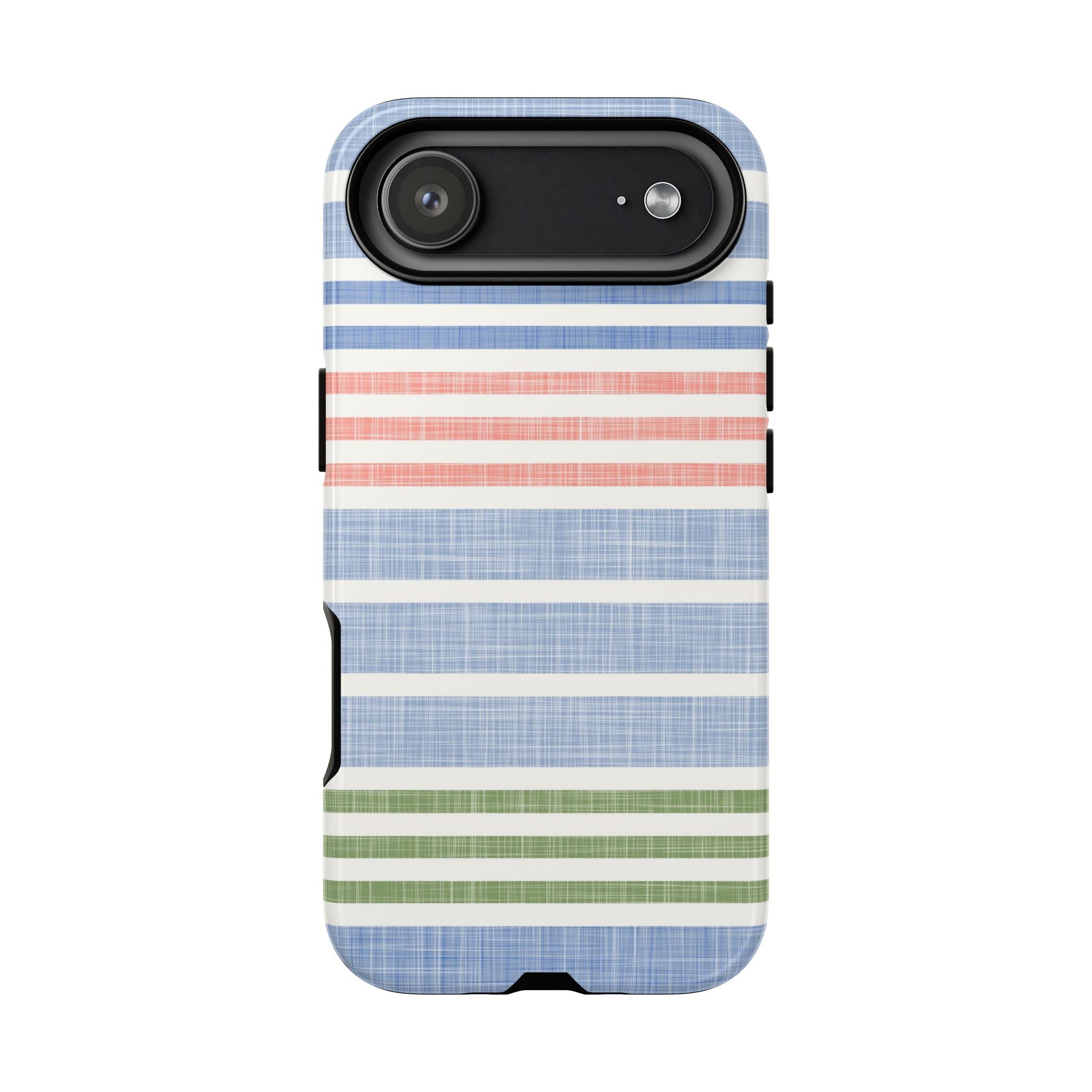 Cabana Stripe Pastel Tough iPhone 17 Air Case – Glossy | soft blue, coral, sage green chambray-textured stripe print dual-layer protection