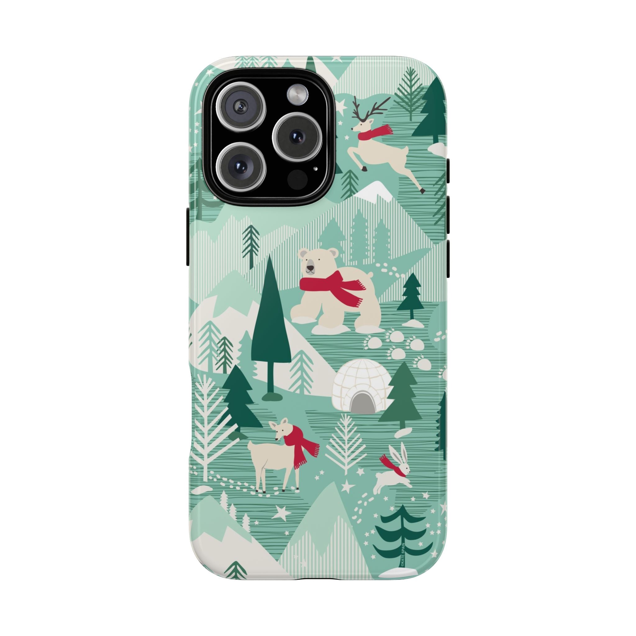 Arctica Winter Tough iPhone 16 Pro Max Case – Glossy | aqua, evergreen, white, animal frolic winter wonderland print