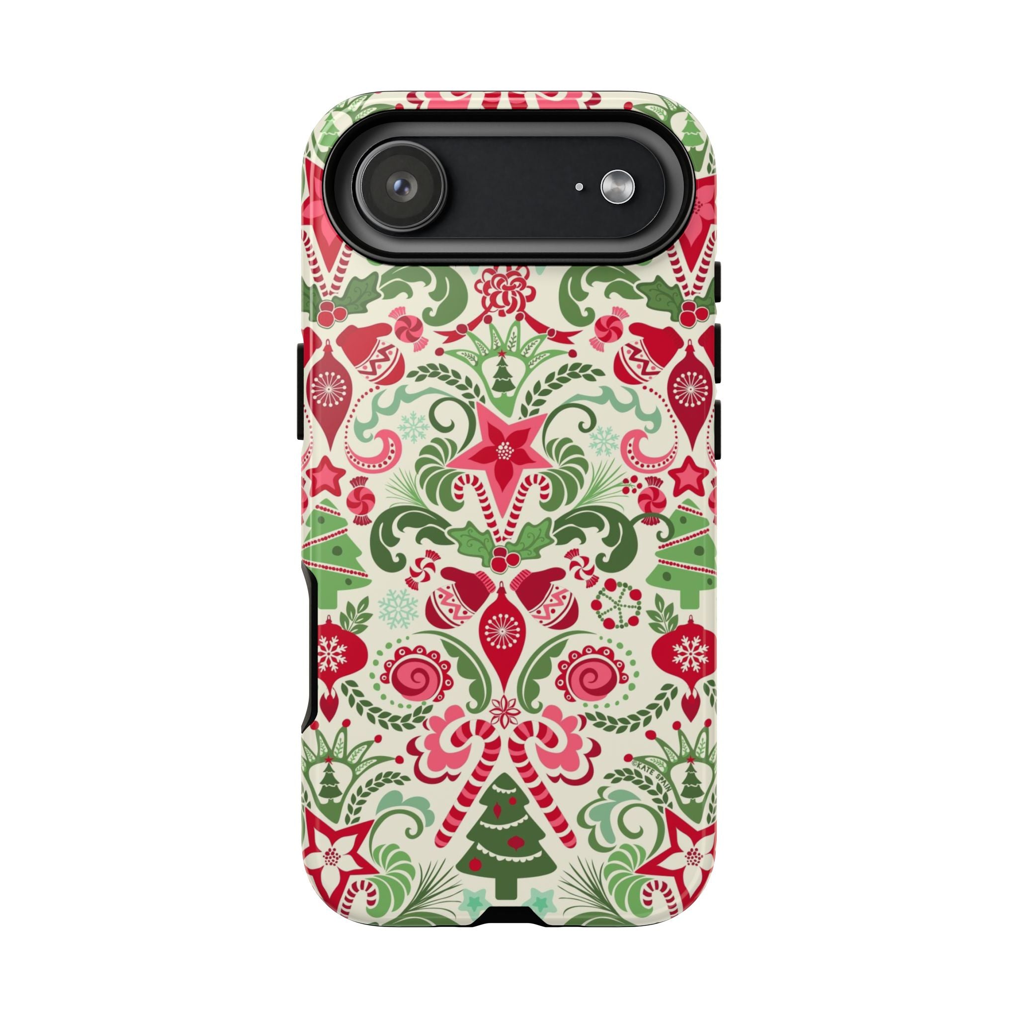 Wonderland Tough iPhone 17 Air Case – Glossy | cream, red, green Christmas ornament damask print
